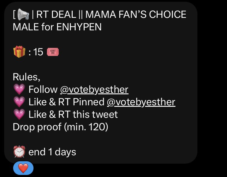 enhangyan's tweet photo. [📢 | RT DEAL || MAMA FAN’S CHOICE MALE for ENHYPEN

🎁 : 15 🎟️

Rules,
💗 Follow @votebyesther
💗 Like &amp; RT Pinned @votebyesther 
💗 Like &amp; RT this tweet 
Drop proof (min. 120) 

⏰ end 1 day https://t.co/cfbKDGjkdH