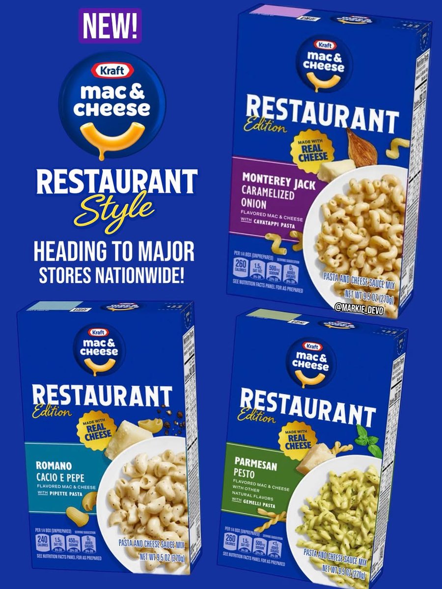 ChloeScott19173's tweet photo. But Hun, we already have a Michelin star restaurant at home!😅

Introducing the new Kraft Mac &amp; Cheese Restaurant Edition in 3 flavors!
Inspired by upscale restaurant flavors, each has 10g of protein per serving.

3 flavors:
- Parmesan Pesto with Geme... https://t.co/z3EApx42Jm