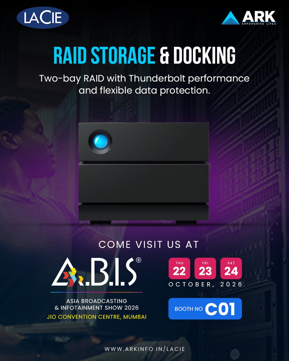arkinfosolution's tweet photo. STORAGE FOR EVERY WORKFLOW
Explore LaCie solutions for capture, editing, backup and production on the move.

1big | 2big | 8big Pro5 | Rugged Series
From Thunderbolt storage and desktop RAID to durable portable drives.
ARK Booth C01 | 22–24 Oct 2026

#lacie #datastorage #abis2026 https://t.co/UcnNahEmnh