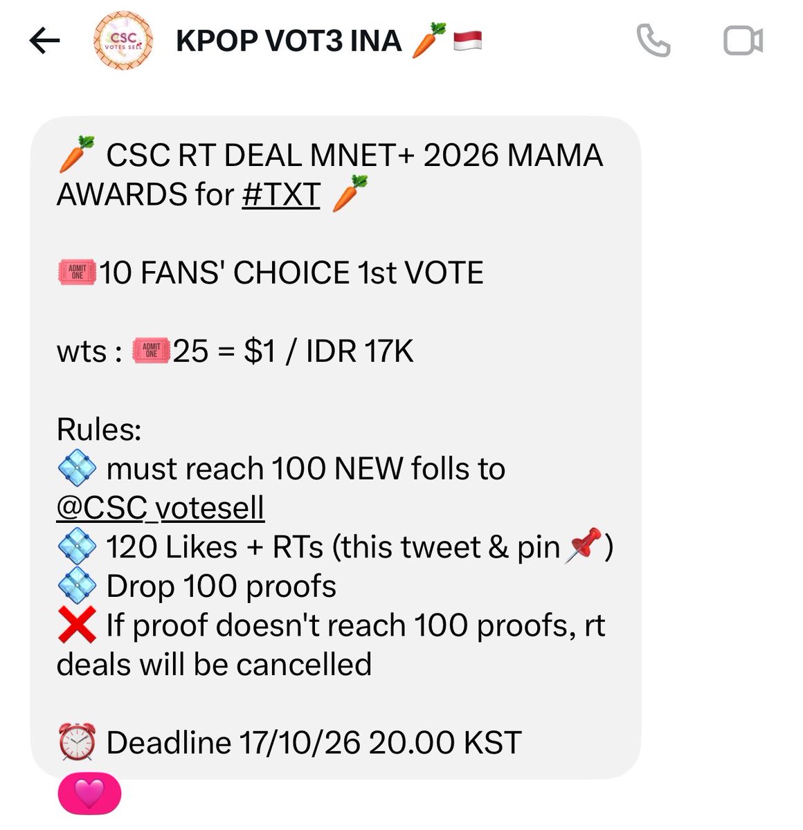 L0VELYBEOMIE's tweet photo. 🥕 CSC RT DEAL MNET+ 2026 MAMA AWARDS for #TXT 🥕

🎟️10 FANS' CHOICE 1st VOTE 

wts : 🎟️25 = $1 / IDR 17K

Rules:
💠 must reach 100 NEW folls to @CSC_votesell 
💠 120 Likes + RTs (this tweet & pin📌)
💠 Drop 100 proofs
❌ If proof doesn't reach 100 proofs, rt deals will be cancelled

⏰️ Deadline 17/10/26 20.00 KST