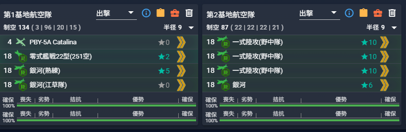 noro_006's tweet photo. 二式陸偵(熟練)
とりあえず持ってないなら何も考えずに交換しましょう

既にx2あるうちの鎮守府の前提
2部隊陸偵使うとして、じゃああと1部隊の話

半径9
陸偵あっても戦闘機連れていけない
→じゃあ野中銀河染め or 大型飛行艇使う

半径8
二式大艇で距離5の強いやつら持ってくる
もしくは陸攻染め https://t.co/TlcMSBCgAb