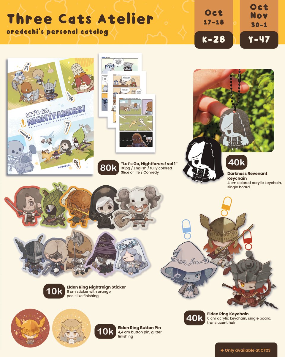 oredcchi's tweet photo. [♥️&amp; 🔁 appreciated!]
Here's my catalogue for #comipara7 + #cf23!

📌 CMPR 7: K-28 | CF23: Y-47
🛒 OTS only
🌻 Elden Ring/Nightreign, Arknights, Apex Legends, Reverse1999, Umamusume, Valorant, Chainsawman, originals

#comipara #comifuro23 https://t.co/ZafETwAT77