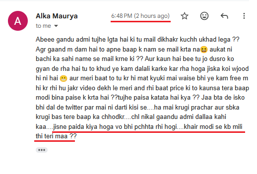 vishalPosts's tweet photo. I’ve been receiving abusive messages and threats since publishing my investigation. After being exposed, this is the kind of language Alka has used in an email to me.

Why does Congress issue media passes to people like her and invite them to its events as journalists? Is this the standard of journalism being encouraged at these events?