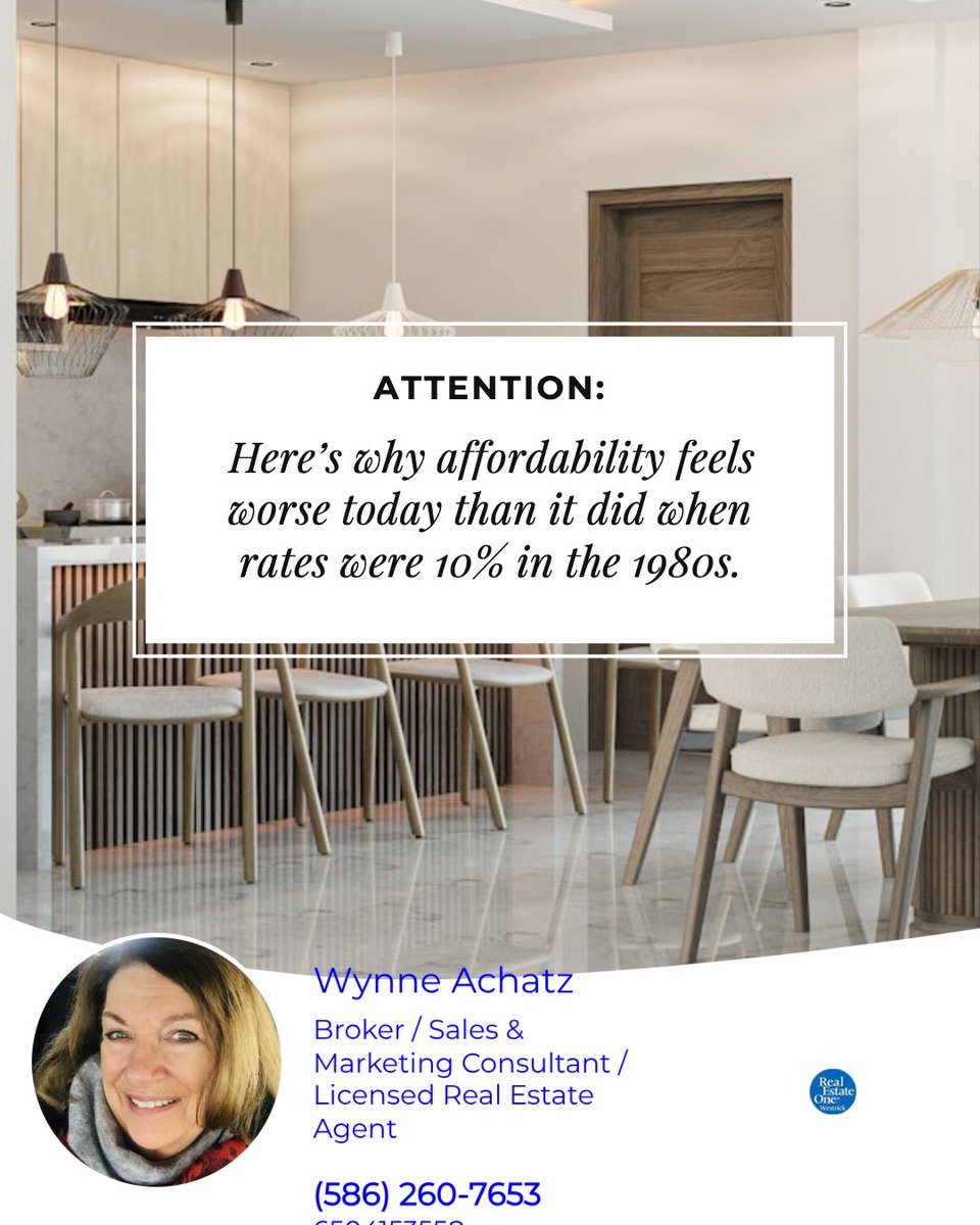 MichiganAgent's tweet photo. Mortgage rates were higher in the 1980s, but home prices were much lower relative to incomes. Today’s affordability picture includes home prices, rates, wages, local conditions, and more. Focus on today’s opportunities and a strategy that fits your goals. https://t.co/pFt5BH1tuz