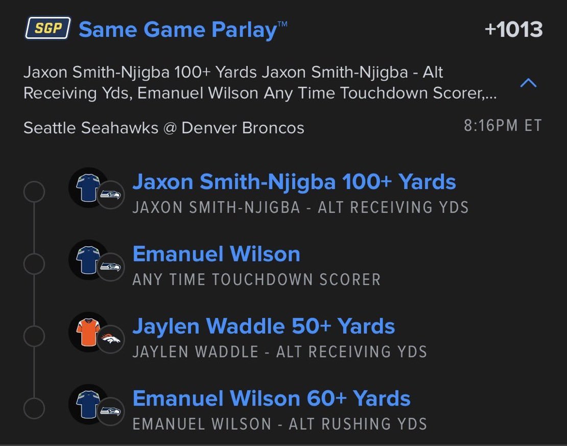 WILSONTIPS7's tweet photo. 🔥🏈 4-LEG SAME GAME PARLAY! 🏈🔥

🎯 +1013 ODDS 💰🤑

🚨🔥 4-LEG NFL SGP! 🔥🚨
💰🏆 +1013 ODDS!
🏈💵 LET’S CASH! 🤑🔥 https://t.co/ZdYgUoGnOw