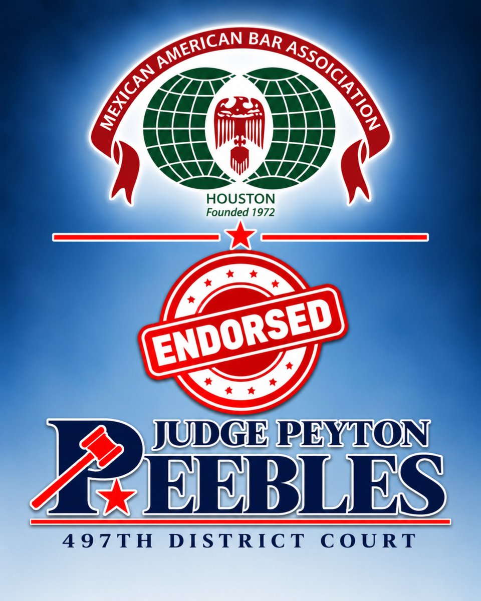 PeeblesFor497's tweet photo. Honored to earn the endorsement of the Mexican-American Bar Association of Houston!
I’m grateful for their confidence in my commitment to professionalism, equal justice, and fairness under the law. https://t.co/s3LNATe07U