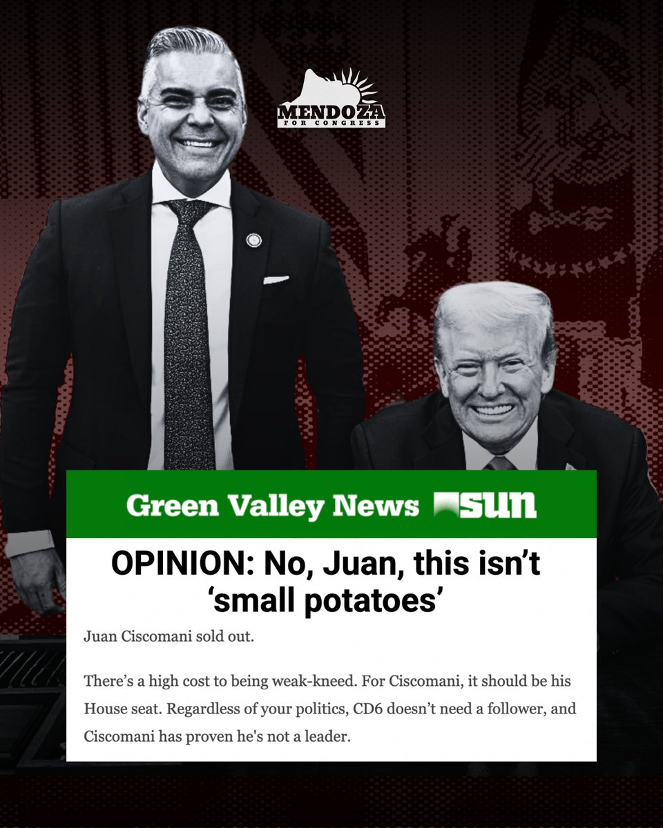Mendoza4AZ's tweet photo. There's one clear pattern: Juan Ciscomani isn’t leading Southern Arizona, he’s following his party. #AZ06 deserves a representative, not a puppet. https://t.co/EpbMMz422S