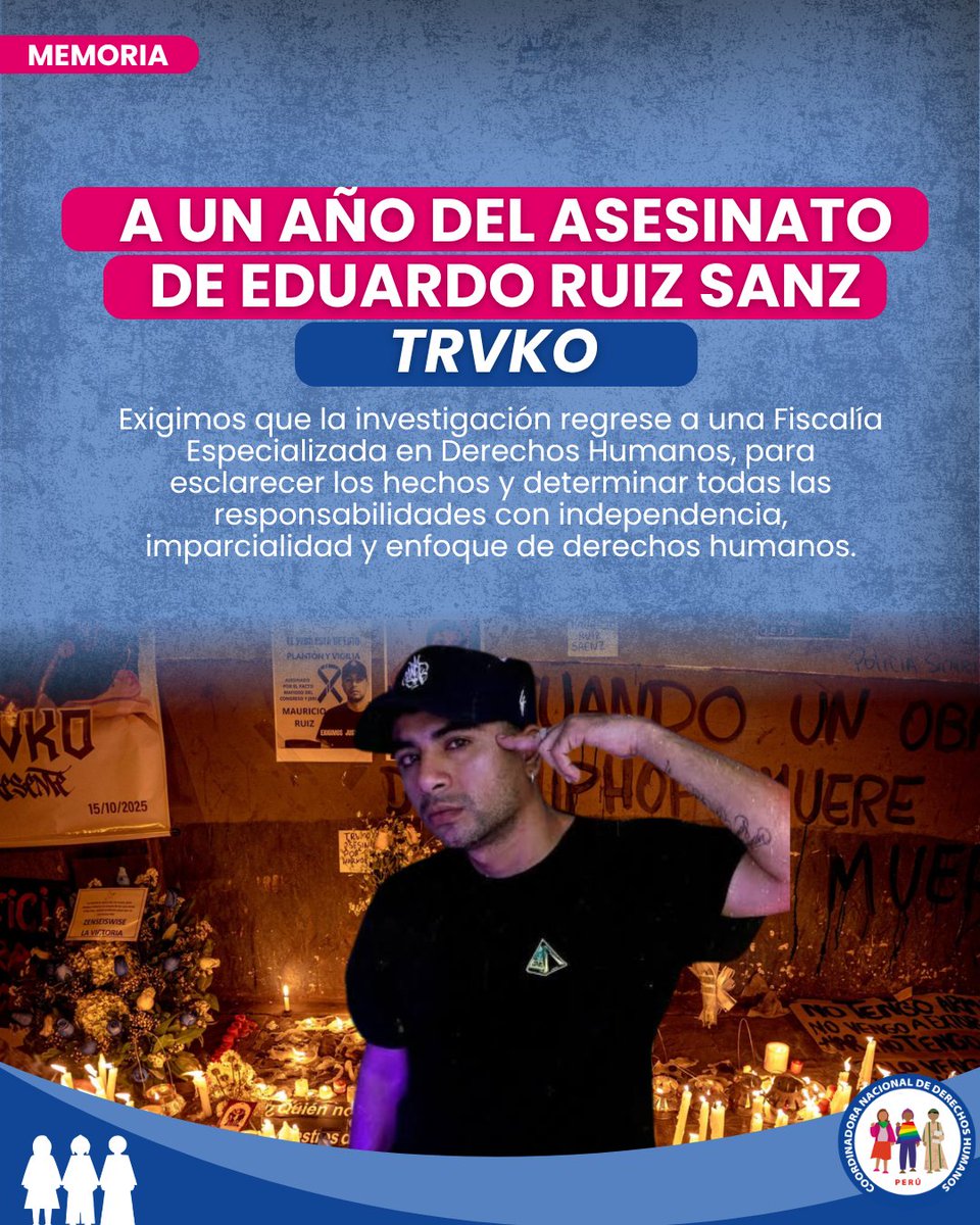 cnddhh's tweet photo. 🚨 #MEMORIA | A un año del asesinato de Eduardo Ruiz Sanz, “Trvko”, la búsqueda de justicia continúa.

Trvko, artista de hip hop de 32 años, recibió un disparo en el tórax la noche del 15 de octubre de 2025, durante las protestas sociales en el Centro de Lima. Su muerte ocurrió en un contexto de violencia y abusos en la actuación policial. Pese a que el caso fue inicialmente investigado por una Fiscalía Especializada en Derechos Humanos, posteriormente fue derivado a una fiscalía penal común.

Exigimos que la investigación regrese a una Fiscalía Especializada en Derechos Humanos, para esclarecer los hechos y determinar todas las responsabilidades con independencia, imparcialidad y enfoque de derechos humanos. La muerte de Trvko no puede quedar impune.

¡Verdad y justicia para Trvko y su familia!