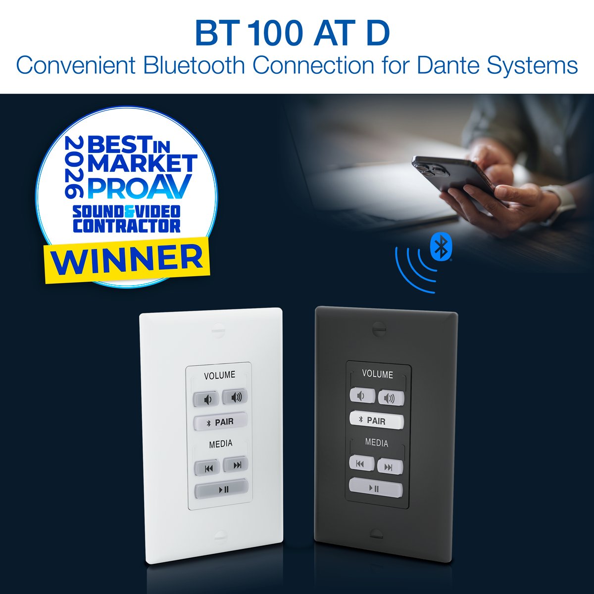 Extron's tweet photo. The BT 100 AT D Bluetooth Dante interface is a winner!
Voted Pro AV’s Best in Market for 2026, the BT 100 AT D puts Bluetooth to Dante connectivity right where it’s needed. Its front panel buttons provide intuitive and easy operation for telephony or stereo program audio playback while just a single network cable provides bidirectional audio and PoE. We are grateful to the readers and staff of Pro AV for this recognition.

Learn more about it today! https://t.co/xKJbpE111K

@SVC_Online
#SVCmag #ExtronAwards #ProAV #AVTweeps