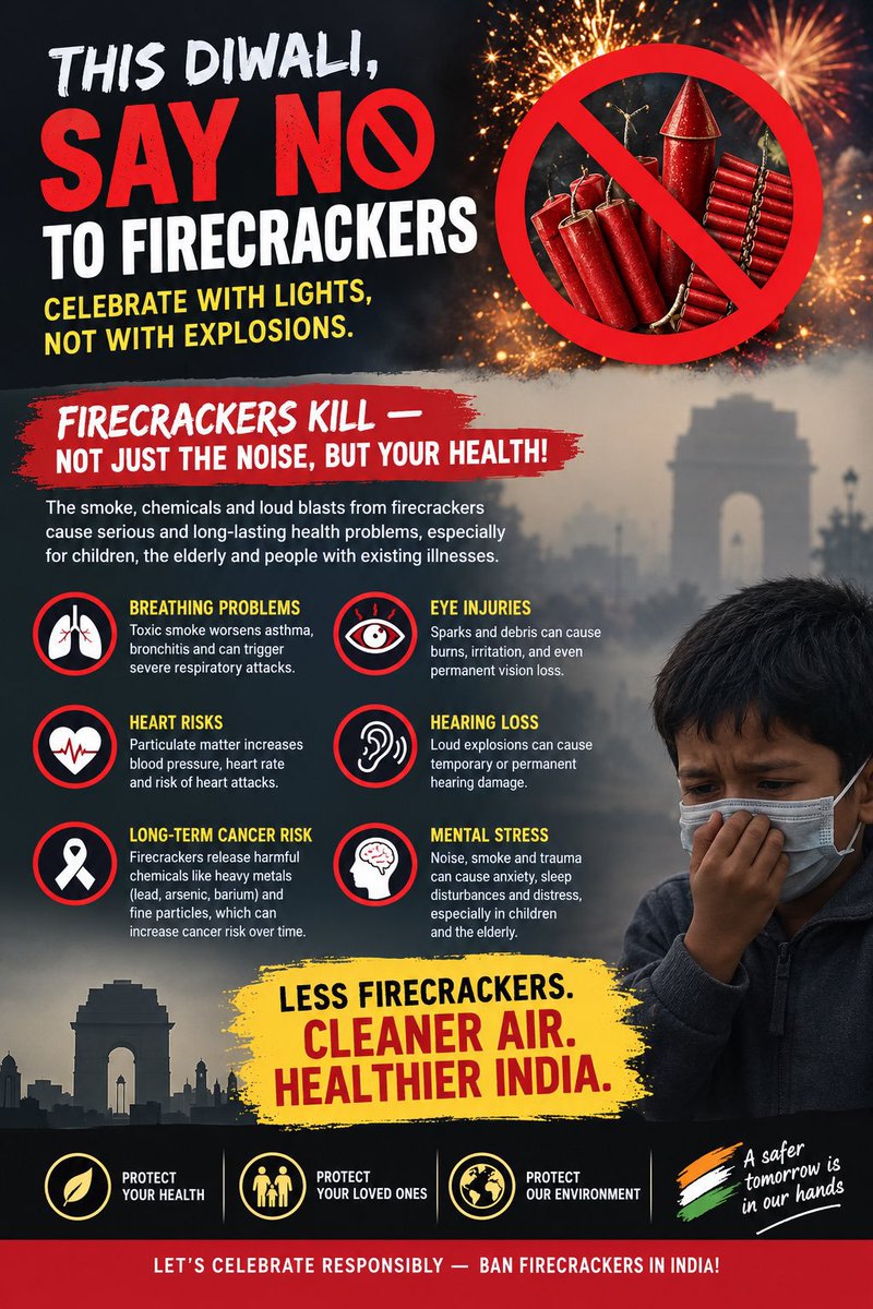 jeevansharya's tweet photo. People with asthma and other respiratory illnesses should not have to endure avoidable bursts of firecrackers smoke. Think about air pollution and public health
@ECOWARRIORSS @MikeHudema
#BanFirecrackersInIndia #SayNoToFirecrackers #AirPollution https://t.co/c0RHahIzBO