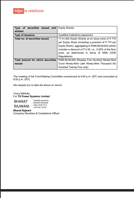 BigInvestorLens's tweet photo. #TDPOWERSYS

Meeting held on October 12, 2026, approved the issue and allotment of 77,41,935 Equity Shares to eligible qualified institutional buyers at an issue price of ₹775 per Equity Share (including a premium of ₹774 per Equity Share), as determined in terms of the SEBI ICDR Regulations), aggregating to ₹599,99,99,625 (Rupees Five Hundred Ninety-Nine Crore Ninety-Nine Lakh Ninety-Nine Thousand Six Hundred Twenty Five only), which includes a discount of 0.05% to the floor price of ₹775.35 per Equity Share pursuant to the Issue.

#PMDHARA #Transmission #nifty

TD Power Systems Ltd is engaged in manufacturing AC generators and Electric motors for various applications which are specifically designed to suit the needs of the customers based on their requirements and specifications.