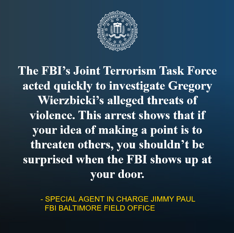 FBIBaltimore's tweet photo. Gregory Wierzbicki, 66, is charged by criminal complaint with illegally possessing three firearms following an investigation into social media posts in which he allegedly called for violence against federal officials. 
Read the @USAO_DE release: https://t.co/FHRGtBxbEM https://t.co/cH2M9NIi8m