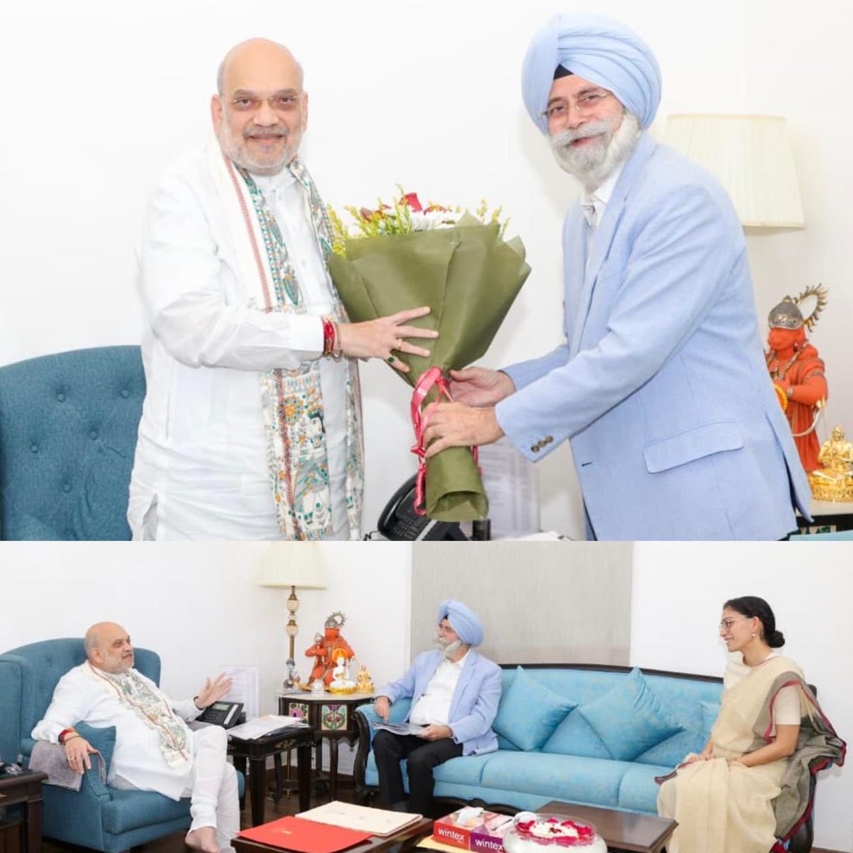 hsphoolka's tweet photo. It was a honour to meet Hon’ble HM Sh @AmitShah- the leader, the visionary taking the country to great heights, accompanied by my daughter. But it was an even greater privilege and pleasure to meet Sh Amit Shah- the Kisaan. The spark in his eye when I started discussing our Natural farming project threw light on his connect with kheti. He explained how he had himself been doing farming since the age of 21 in his farms in Gujarat. We discussed how to reduce cost of production, save water while giving more income to farmers, promoting Self Help groups in villages, chemical free food,  latest surface seeding low cost machine developed by PAU which uses paddy straw as manure and many other issues.