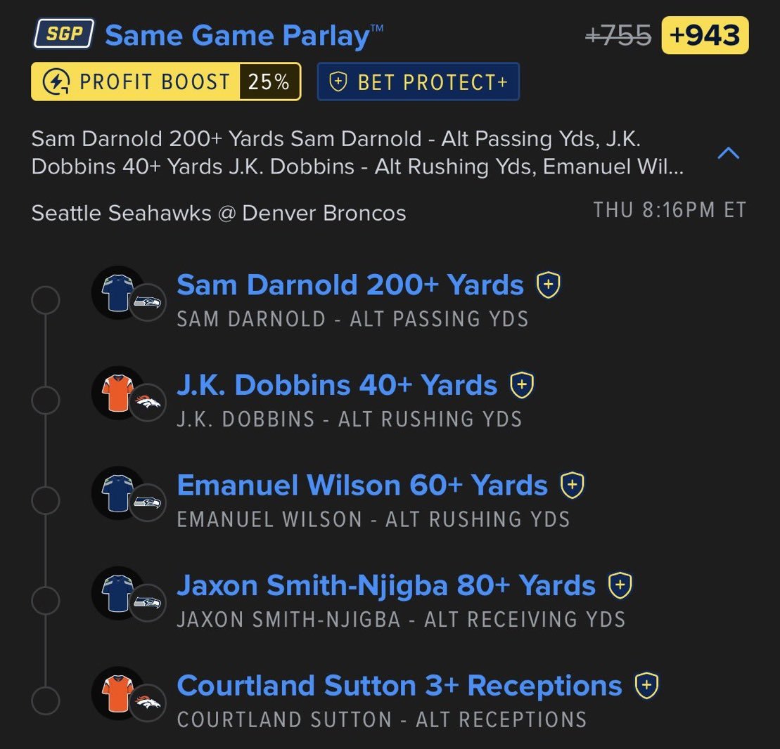 WILSONTIPS7's tweet photo. 🔥🏈 5-LEG SAME GAME PARLAY! 🏈🔥

🎯 +943 ODDS 💰🤑
🚀 25% PROFIT BOOST
🛡️ BET PROTECT+

🚨🔥 5-LEG NFL SGP! 🔥🚨
💰🏆 +943 BOOSTED ODDS!
🏈💵 LET’S CASH! 🤑🔥 https://t.co/b2p8oQpdZW