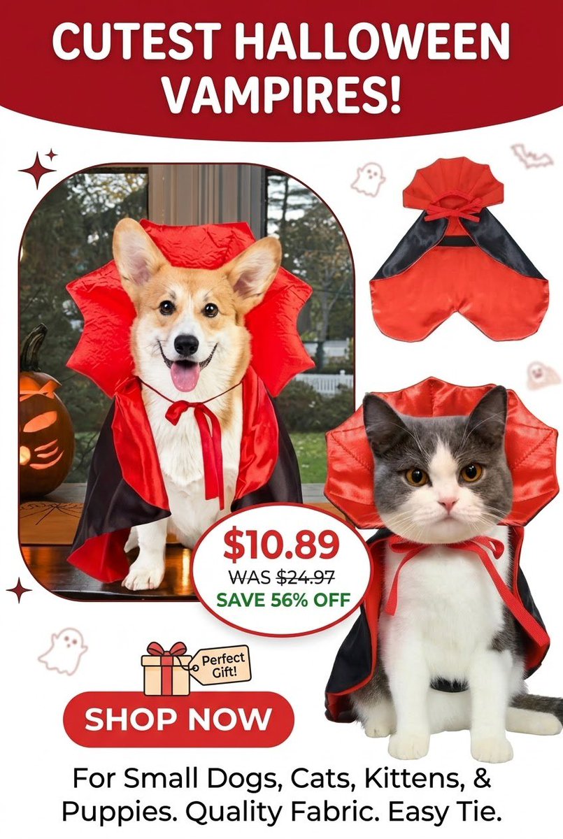 opulentpetcare's tweet photo. Dracula called, he wants his cape back! 🦇 Your little one will steal the show in this red and black satin vampire cape. Easy tie, comfy fit, and made for small dogs, cats, kittens &amp; puppies. Only $10.89 right now (56% off)! 🧛🎃

📩DM us for the product link 🐾

#hallowen https://t.co/59J5UZdQwY