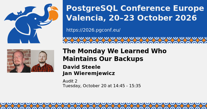 pgEdgeInc's tweet photo. pgBackRest, largely considered one of the most widely used PostgreSQL backup tools, is getting its own session at PostgreSQL Conference Europe 2026 in Valencia, Spain. 🐘

"The Monday We Learned Who Maintains Our Backups" is on Tuesday 20 October, 14:45 local time, in Audit 2 (Beginner level). David Steele (pgBackRest) and Jan Wieremjewicz (Percona) cover why the tool was created, how it became a core part of the PostgreSQL ecosystem, what maintaining it involves, and how users, vendors and the community responded when doubts about its future spread. The close is in regards to funding and succession planning.

New to it? pgBackRest is a free, MIT-licensed backup and restore solution for PostgreSQL. It supports parallel backup and restore, full, differential and incremental backups at the file or block level, per-file checksums rechecked on restore, repository encryption, and S3, Azure or GCS compatible object storage.

pgEdge is one of pgBackRest's sponsors, and a Gold Sponsor of the conference. If you're in Valencia, come by the pgEdge table in the sponsor area.

Session details: 🎙️ https://t.co/4r75HlMk75

#postgresql #postgres #pgbackrest #backup #disasterrecovery #opensource #database #dba #valencia #spain #techevent #techcommunity