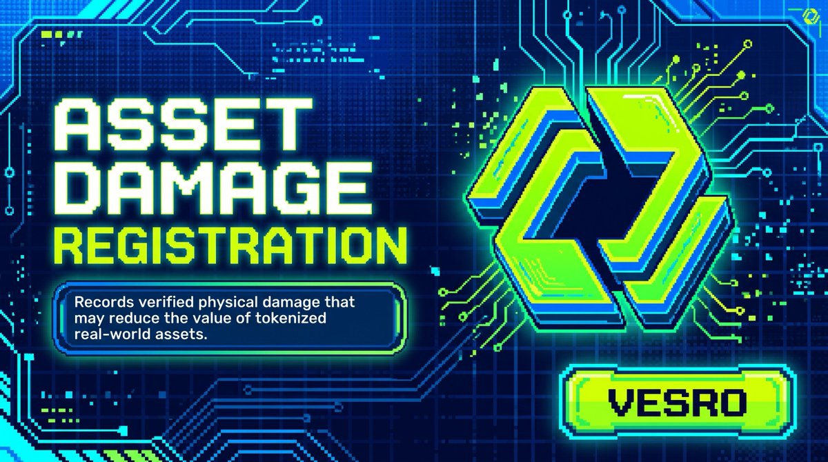 VesroRWA's tweet photo. Tokenized real-world assets need more than market prices. They need reliable records of their physical condition.

Vesro registers verified damage that may affect asset value, helping applications respond before risks are overlooked. https://t.co/ewZtYwxeQw