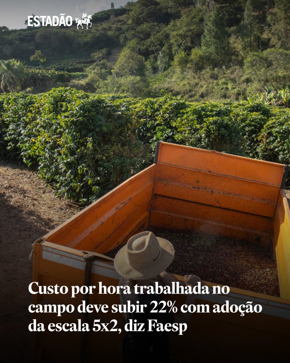 Estadao's tweet photo. Custo por hora trabalhada no campo deve subir 22% com adoção da escala 5x2, diz Faesp | Mudança poderá provocar ainda retração de 6,2% no PIB brasileiro, segundo a Federação da Agricultura e Pecuária do Estado de São Paulo https://t.co/cK609bTgQf https://t.co/SFcYFST70Q