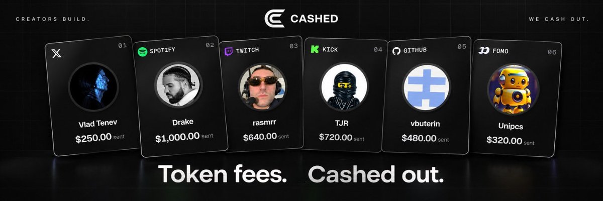 Nomoneylooser's tweet photo. 6 platforms and one mission: onboard creators.  

X. Spotify. Twitch. GitHub. Kick. fomo.  
Cashed keeps expanding where creator fees can go. 

Which platform would you like next? https://t.co/djJ9Fx8kYG