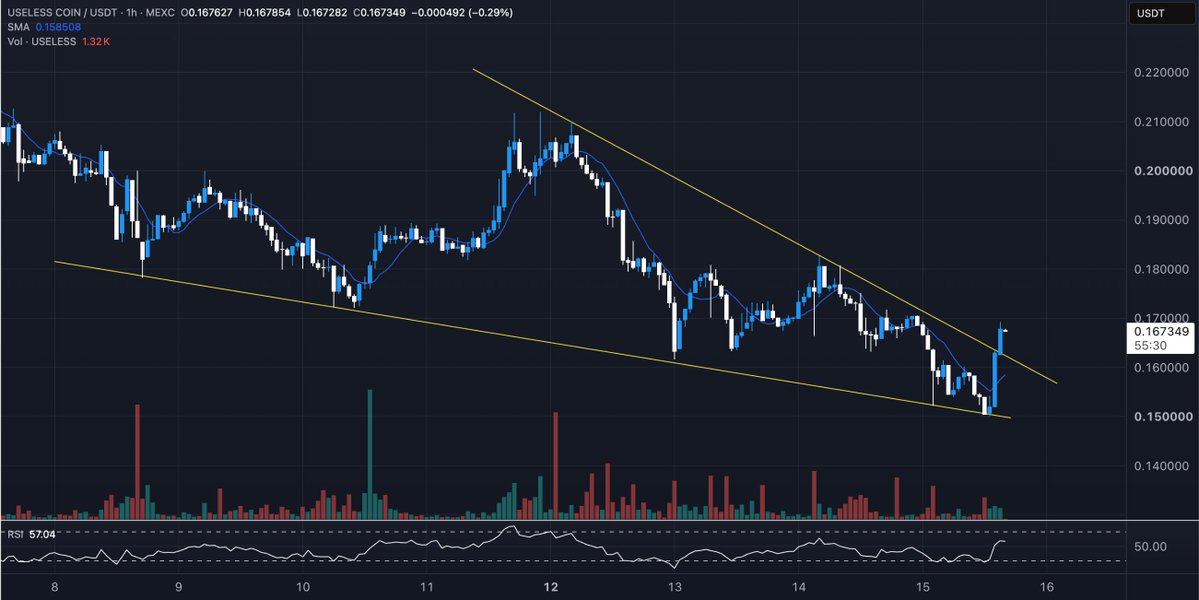 theunipcs's tweet photo. $USELESS looking good

historically and consistently the fastest horse whenever $BTC & crypto trend up

bouncing strongly off the bottom of the channel after a ~58% correction from recent highs

plus clear favorite to be this cycle's $DOGE / $PEPE type runner

i think this starts to aggressively outperform again soon