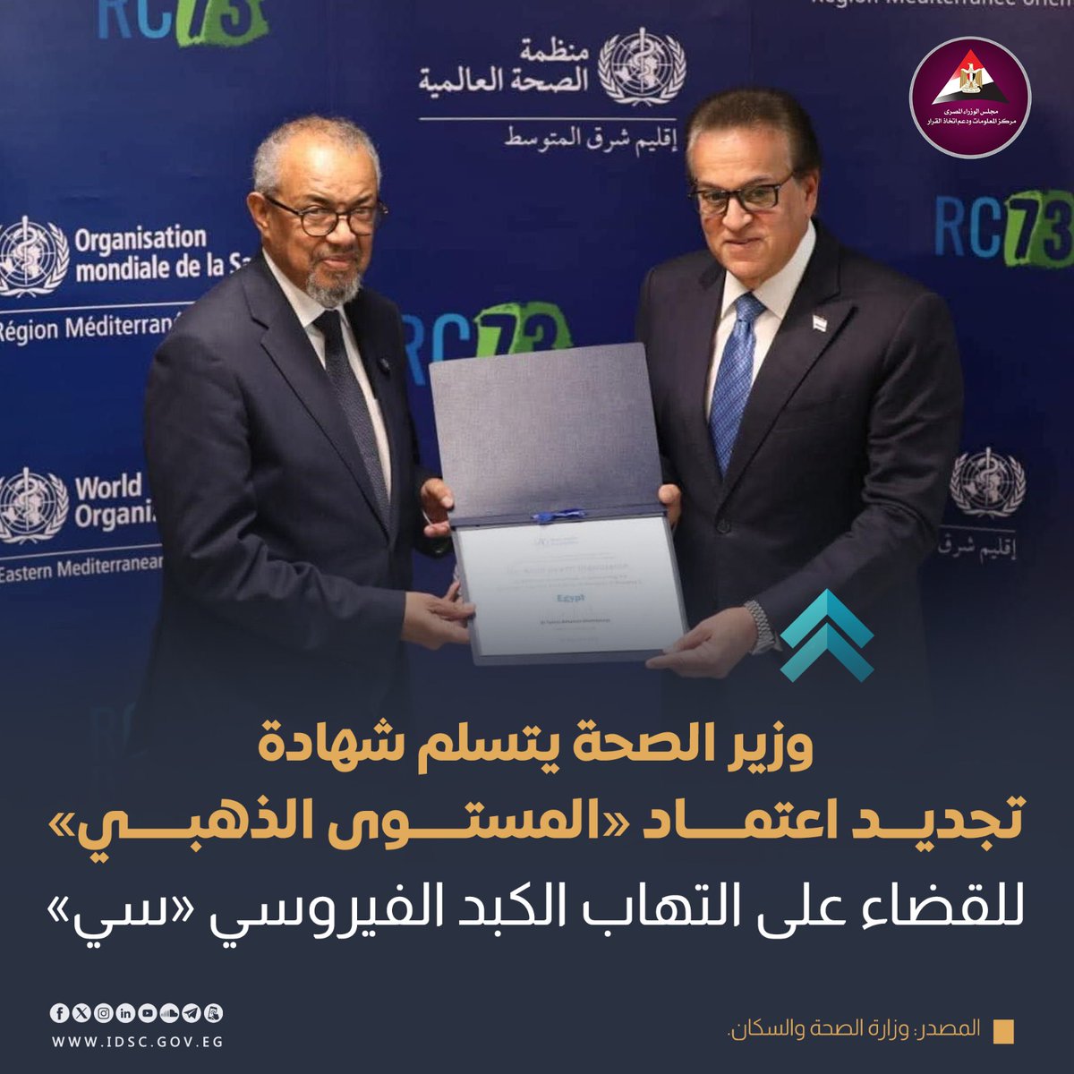 Egysupportme's tweet photo. تسلم وزير الصحة شهادة تجديد اعتماد المستوى الذهبي للقضاء على التهاب الكبد الفيروسي سي من منظمة الصحة العالمية، تقديرًا لجهود الدولة المصرية في الحفاظ على خلوها من المرض.

نقلًا من: مركز المعلومات ودعم اتخاذ القرار
https://t.co/BBrsjE457N https://t.co/9YNyGO3n11