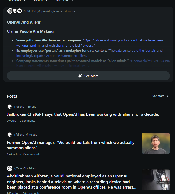 Somnicko's tweet photo. This is insane..

OpenAI has recently become obsessed with aliens.
The theory that Aliens are helping OpenAI is BLOWING UP on twitter and reddit

This is probably more insane than any goblincoin or anything, THERE IS A GENUINE CULT FORMING THAT OPENAI IS WORKING WITH ALIENS.

Good chance of huge interactions as this blow up more: 

1M views already: https://t.co/JhusfpEEzo

reddit (r/aliens r/OpenAI r/accelerate r/ChatGPT) - https://t.co/9LhlQ41OQX

X Search-

Some posts- https://t.co/FDXQLdri6C

https://t.co/HadLDYFJYK

"⋔⟒⋔⟒☊⍜⟟⋏" is the alien translation for "memecoin" u can check here: https://t.co/HWcak8eJpf

New chatgpt/openAI obsession is aliens in the same way goblins used to be
