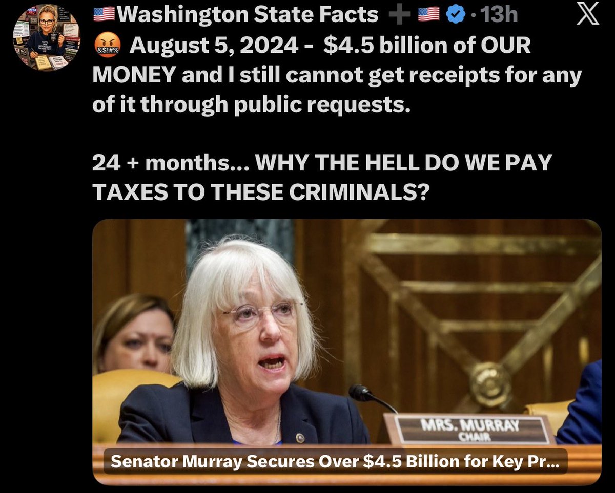 BdBriandean72's tweet photo. @PattyMurray Time to AUDIT Washington State!! https://t.co/nKgZK7GqPu