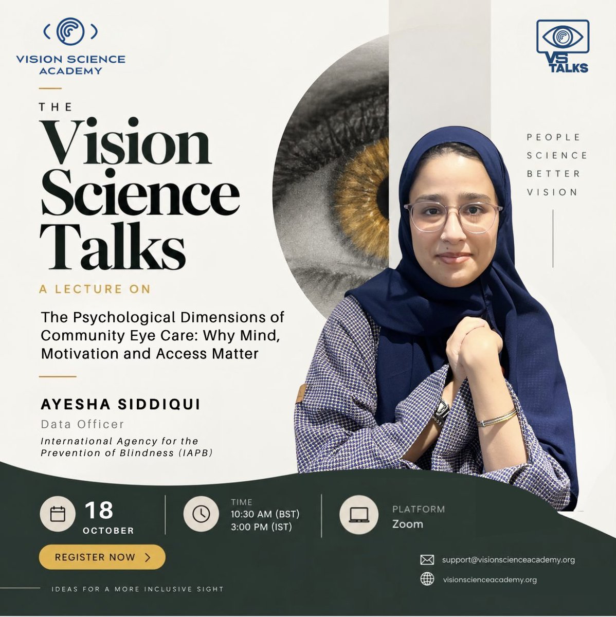 science_vision's tweet photo. THE VS TALKS - OCTOBER 2026! 🎤✨
Join us for an engaging session on 'The Psychological Dimensions of Community Eye Care: Why Mind, Motivation and Access Matter’.
Register in comments.
#VSTalks #Vision #VisionSciences #Webinar #Learning https://t.co/rkNnElqqTv