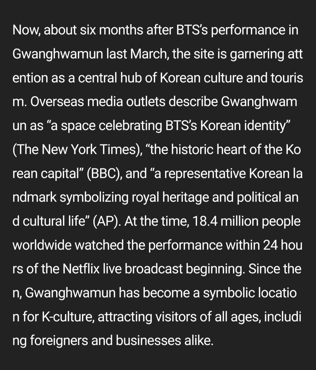 shadow_twts's tweet photo. 6 months after @BTS_twt performance in Gwanghwamun last March, the site is garnering attention as a central hub of Korean culture and tourism.

Tourist numbers from March to August this year increased by 30% year-on-year, reaching an all-time high. https://t.co/0T4idAn4dY