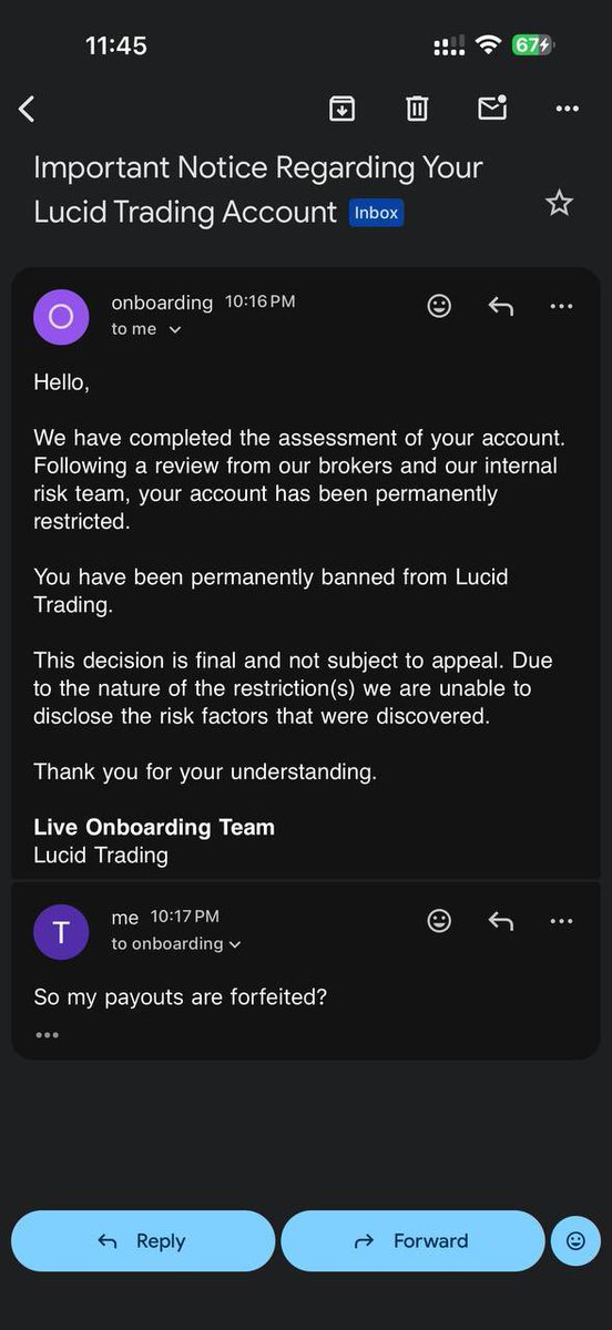 Terence46128382's tweet photo. @PropFirmsGuru Lucid banned me right after requesting a payout once hitting Lucid Daily 50K Max payout for 2 accounts. No explanation. No nothing. Mentioned Live team unable to provide live trading services at the moment. Profits of over 12k gone with the wind. https://t.co/5C37qfy5wn