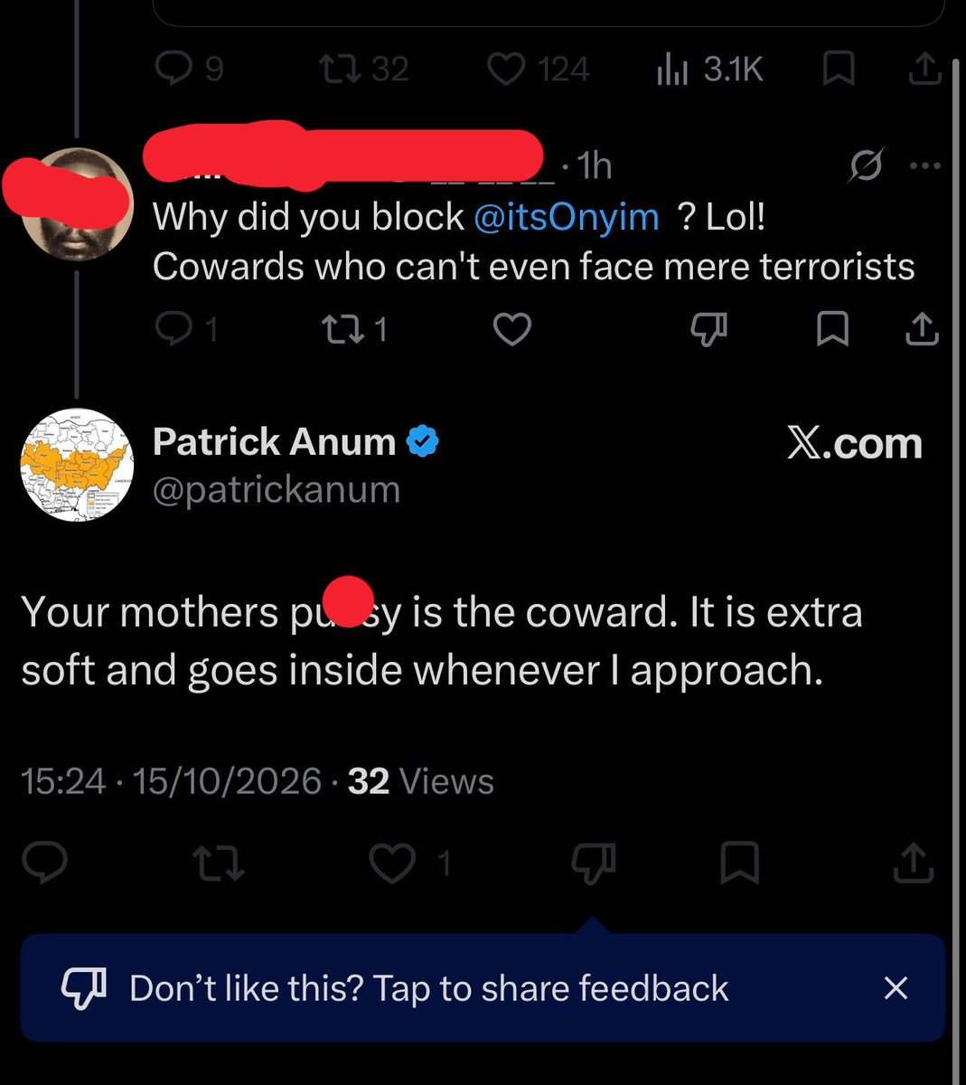 itsOnyim's tweet photo. See this Agbaya. No shame 

Can you see what obsession can do?

Delusions of grandeur 

E say; when E approach 

Approaching from where naw??

Is it IDP camp? Abi coastal road?

Why So much frustration ?

Instead of actually advocating for his community, his loved ones , his people 

who are suffering in the middle belt, constantly getting rayped and slaughtered by Fulani militia he has abandon the advocacy work to @Alex_Barbir and @RepRileyMoore from America 

Someone should check on @patrickanum 

You shall not drink Snyper 

you shall remain alive to your ripe old age by the grace of God to continue to witness and testify of Igbo excellence 

Guys should we all mute @patrickanum now so he can continue to shout and cry alone in his echo chamber

We have given it enough visibility
