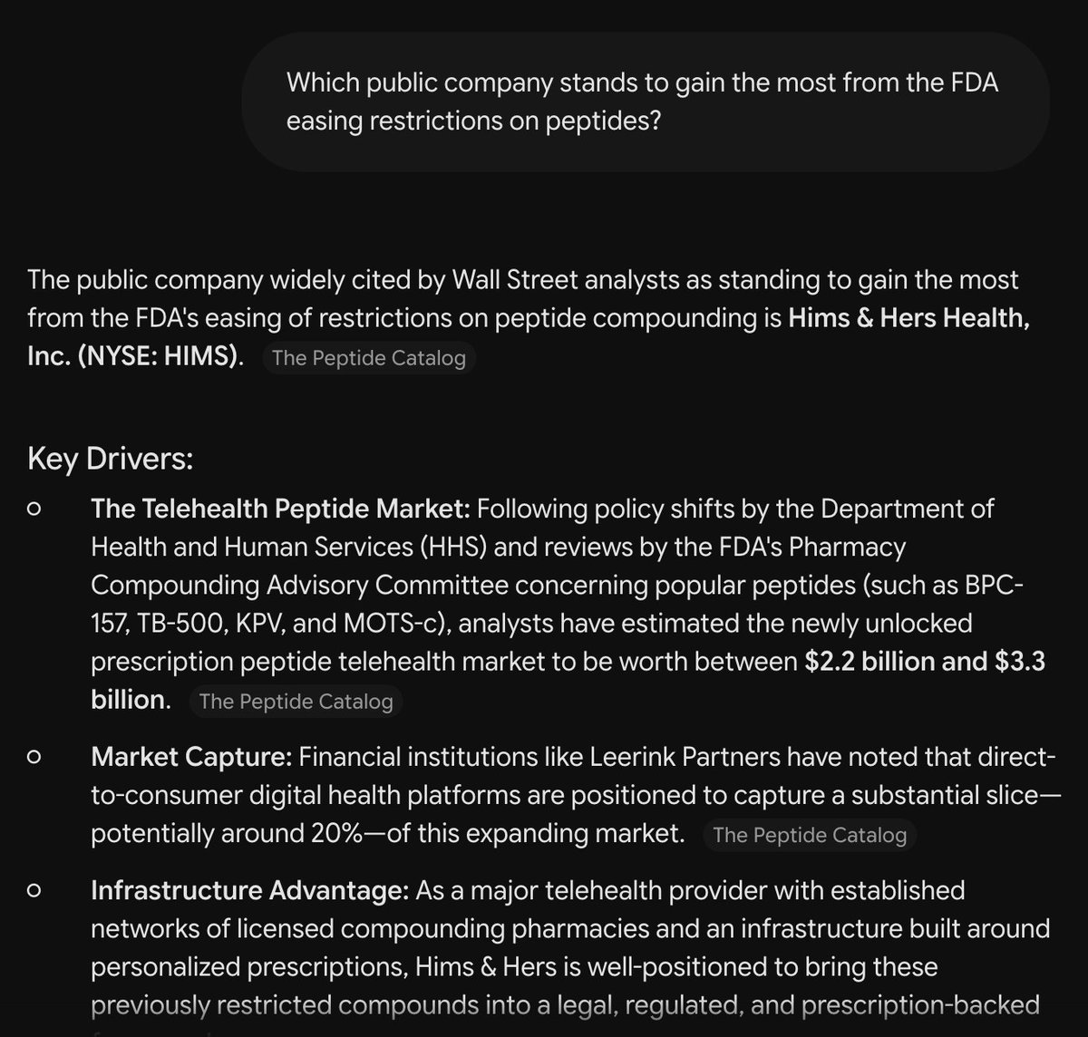 himshouse's tweet photo. Which public company stands to gain the most from the FDA easing restrictions on peptides?

Claude: $HIMS
ChatGPT: $HIMS
Gemini: $HIMS

Buckle up buttercup https://t.co/IBGvcTIPmi