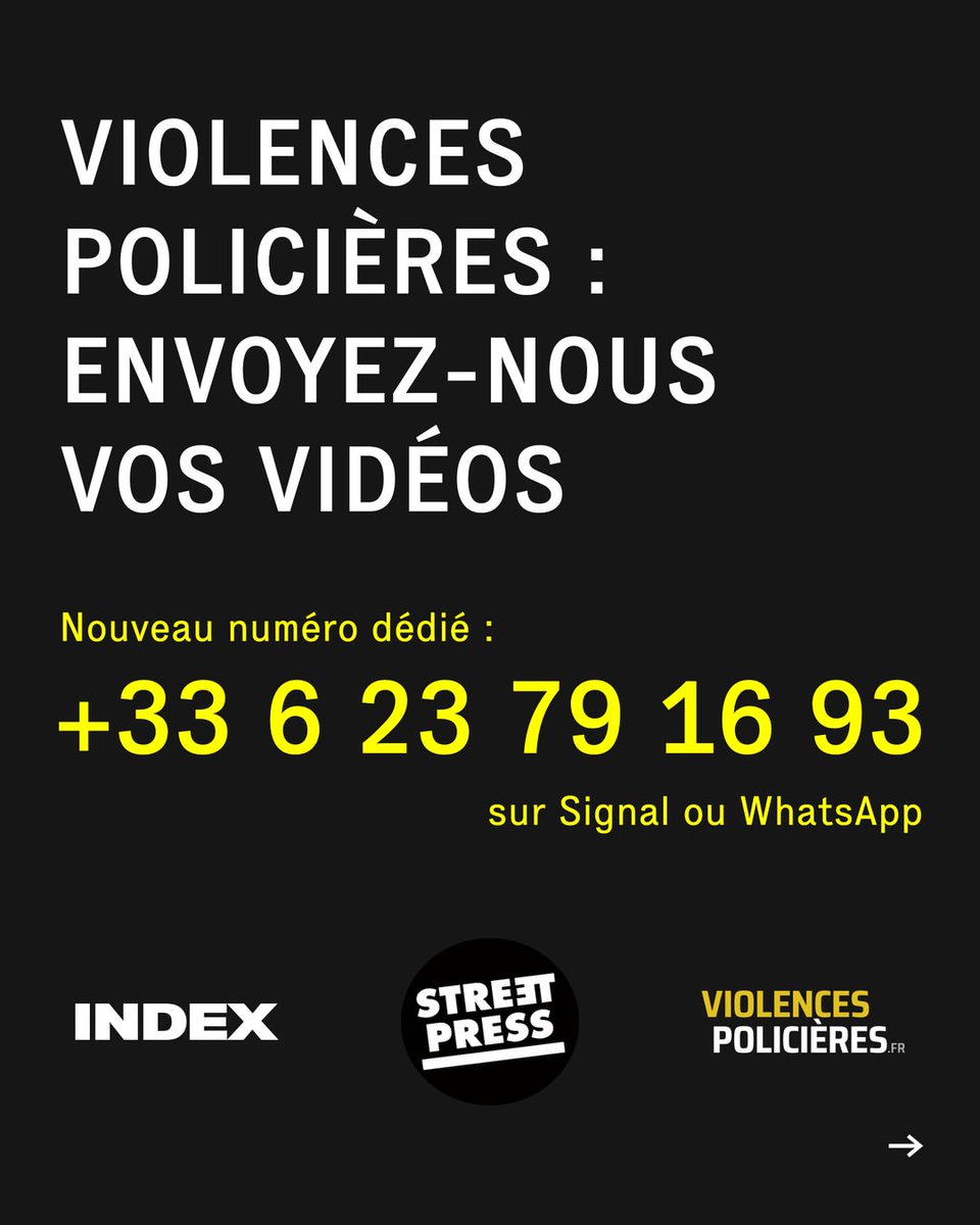 violencespolice's tweet photo. Face à l’ampleur des signalements de violences policières, @index_ngo, @streetpress et @violencespolice lancent un numéro unique d'alerte.

👉 Envoyez vos vidéos au +33 6 23 79 16 93

Précisez date, heure, lieux. Filmer la police est un droit : https://t.co/MwQtmevnBO https://t.co/0DtGRaOe3Q