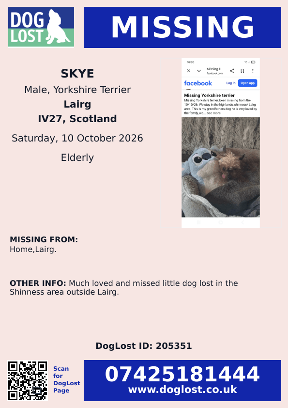 millypod1's tweet photo. 🆘10 OCT 2026 #Lost Skye #ScanMe
ELDERLY Yorkshire Terrier Male PLEASE SHARE.
Home #Lairg #IV27 #Shinness
County Lairg, Highland #Scotland
Much loved and missed little dog lost in the Shinness area outside Lairg.
https://t.co/nuWB6gLgve https://t.co/52wLeW96RX