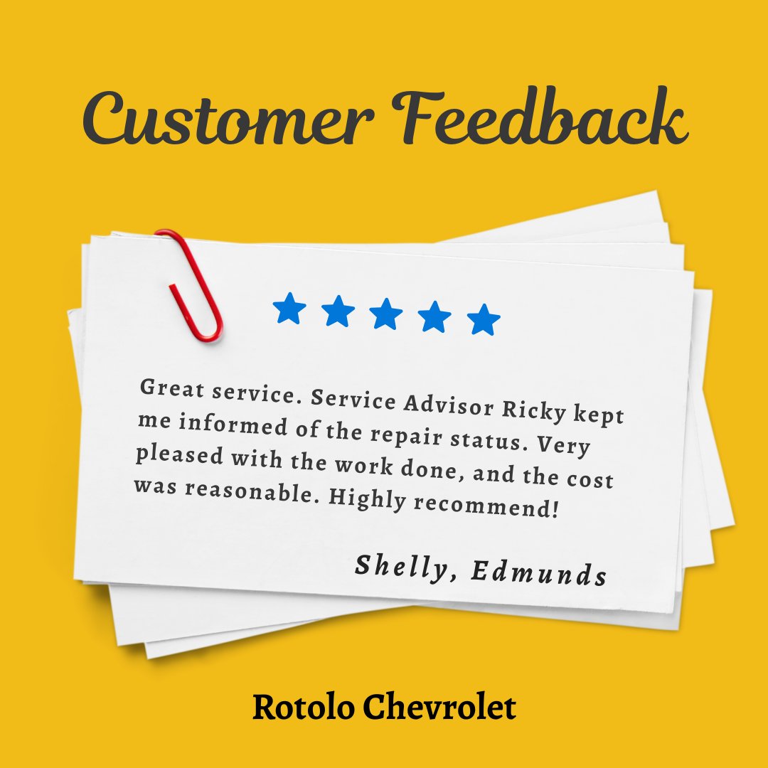 RotoloChevyCa's tweet photo. Thank you for your kind words, Shelly! We’re glad Ricky kept you informed throughout the repair process at Rotolo Chevrolet. We truly appreciate your recommendation and look forward to serving you again! https://t.co/92U7SgVoXd