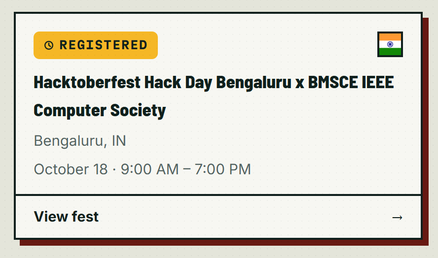 Shanks0701's tweet photo. After days of building, learning, and connecting with the community online, I'm taking Hacktoberfest fest offline this Sunday!

Excited for Hack Day Bengaluru at BMSCE. Looking forward to meeting fellow developers, sharing ideas, and building together.

#Hacktoberfest #Bengaluru https://t.co/mwg7uCRuvO