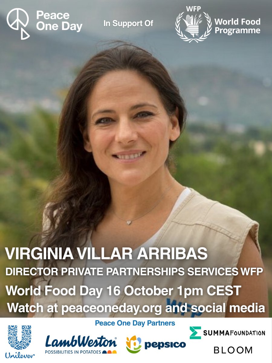 PeaceOneDay's tweet photo. Virginia Villar Arribas participates in the World Food Day Broadcast, 16 October 1pm CEST.

For more announcements and to watch the broadcast, follow our social media or visit https://t.co/ohGtDsCdkz

Join the World Food Day Challenge on ShareTheMeal and help provide 1 Million meals to families facing hunger. Donate here: https://t.co/eMUGgDHWb8

@WFP  @ShareTheMealorg  @Unilever  @SummaEquity  @LambWeston  @PepsiCo  Bloom

#WorldFoodDay #16October #FutureofFood #ZeroHunger #FoodSecurity #EndHunger #UN #PeaceOneDay #DoYourPeace #GlobalGoals #SDGs #TurnItAround #CyberNonViolence #JeremyGilley