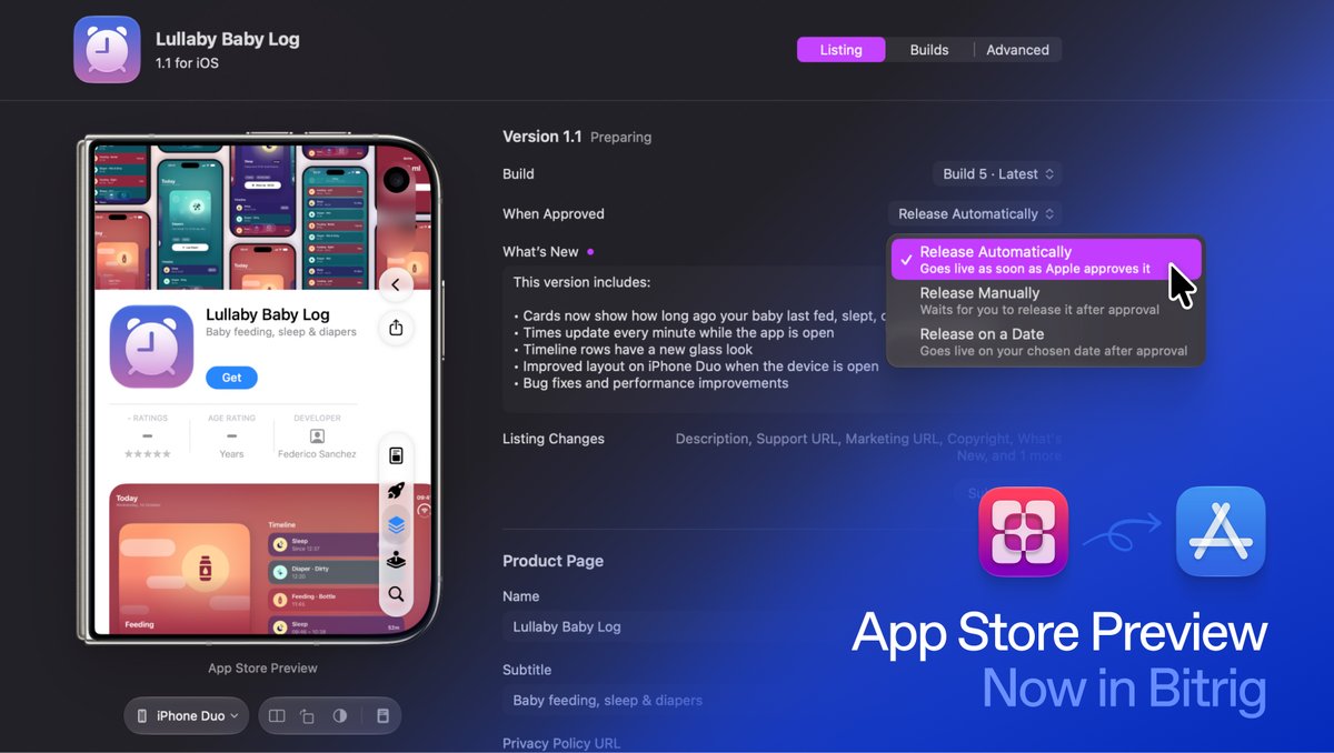 bitrig's tweet photo. App Store Preview is now available in Bitrig!

Generate screenshots, refine and edit your copy, and preview your full App Store listing. When you're ready, submit your app for App Review.

https://t.co/Zblp7Zx7jW https://t.co/7f9tjOmGz4