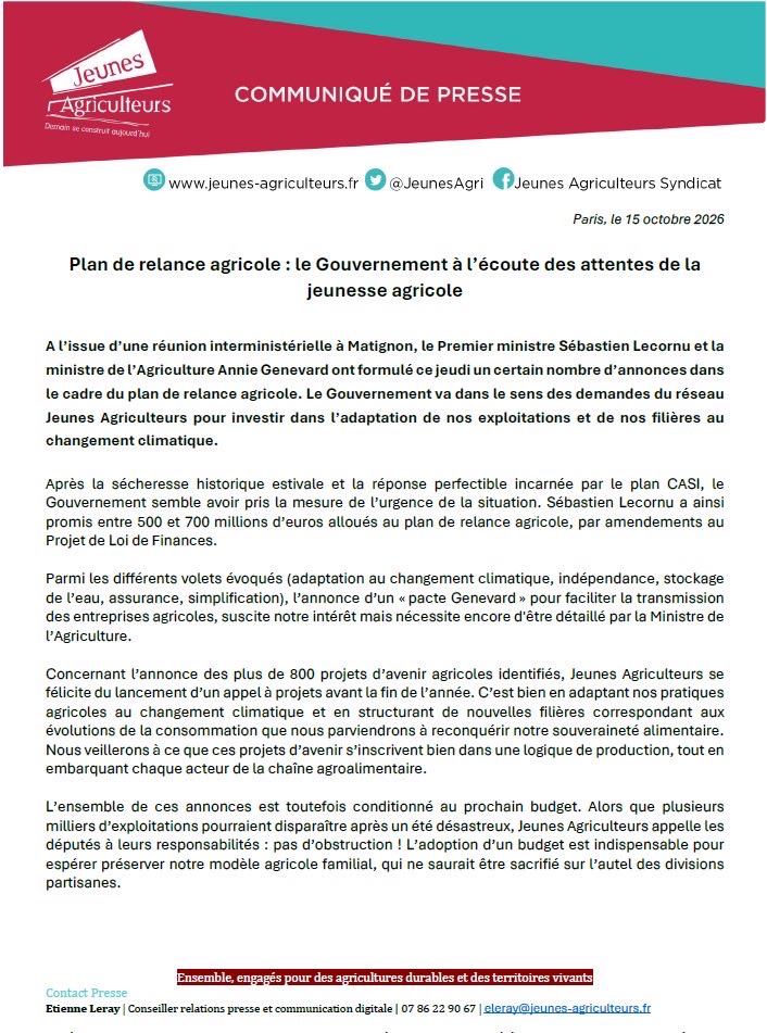 JeunesAgri's tweet photo. [#CP] 📣🚨 Plan de relance agricole : le Gouvernement à l’écoute des attentes de la jeunesse agricole

A l’issue d’une réunion interministérielle à Matignon, le Premier ministre @SebLecornu et la ministre de l’Agriculture @AnnieGenevard ont formulé ce jeudi un certain nombre d’annonces dans le cadre du plan de relance agricole. Le Gouvernement va dans le sens des demandes du réseau Jeunes Agriculteurs pour investir dans l’adaptation de nos exploitations et de nos filières au changement climatique. Ces engagements devront désormais se traduire dans les faits, à commencer par l’adoption d’un budget à la hauteur des enjeux.

🗞️ Notre communiqué 👇
🔗 https://t.co/uJ4G8wkvYL