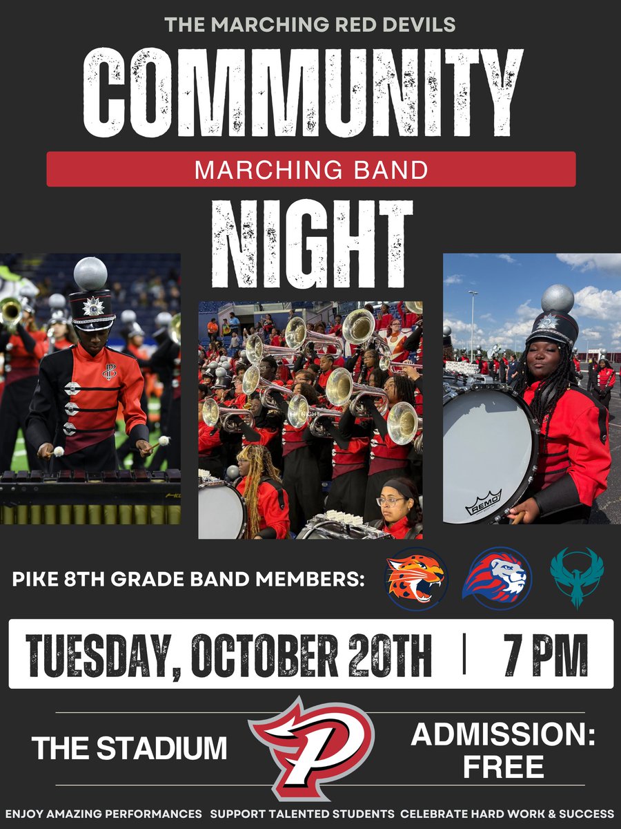 PikeSchools's tweet photo. Marching Band Community Night
Join us at 7 PM on Tuesday, October 20th, to enjoy amazing performances, support talented students, and celebrate hard work & success!
Location: The Stadium
Admission: Free
#PikeProud #PikeFamily #PikeTradition #PikeExcellence #Community❤ https://t.co/7AKj1fXuBR