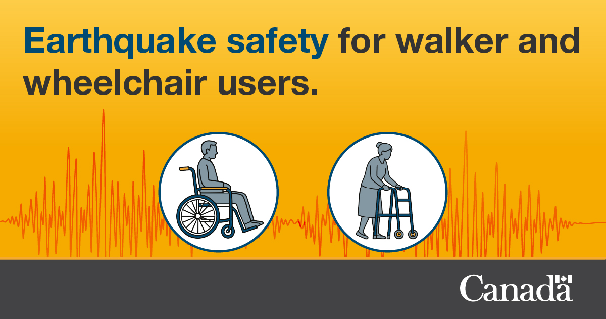 Safety_Canada's tweet photo. If you use a walker or wheelchair and an earthquake strikes:
• Turn away from windows and other hazards 
 • Lock your wheels 
 • Cover your head and neck with your arms
Knowing what to do before an earthquake happens can help keep you safe. More: https://t.co/4lCwOx74gp https://t.co/wzbXEKvuHE