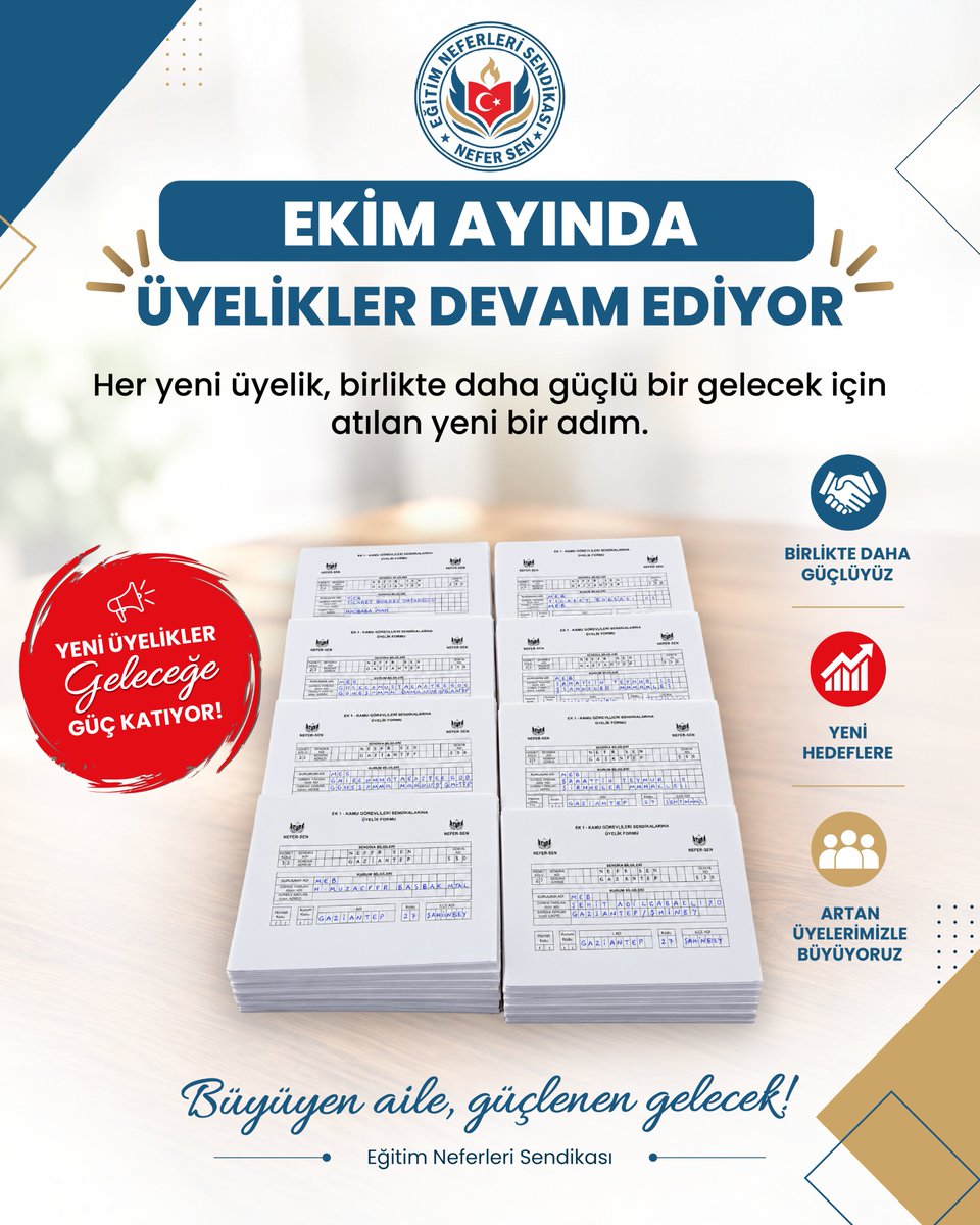 nefersendika's tweet photo. 📢 Ekim ayında üyelikler devam ediyor!

🤝 Her yeni üyemizle büyüyor, dayanışmamızı güçlendiriyoruz.

💙 Büyüyen aile, güçlenen gelecek!

Eğitim Neferleri Sendikası

#NeferSen #MEB #YÖK #Eğitim #Sendika https://t.co/G2FzjrqYBW