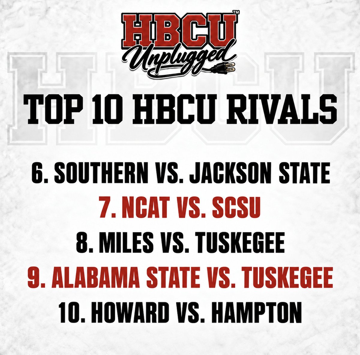 HBCUUnplugged's tweet photo. We might've just started an HBCU family feud. 😂🔥  

I talked with some of my family at @hbcunightly to pick our TOP 10 HBCU RIVALRIES, and feelings might get hurt!  

We're talking more than football. 👀: basketball, bands, culture & bragging rights ALL count.  

Who got disrespected? Which rivalry did we leave out? Bring receipts! 🍿 

#HBCU #HBCUSports