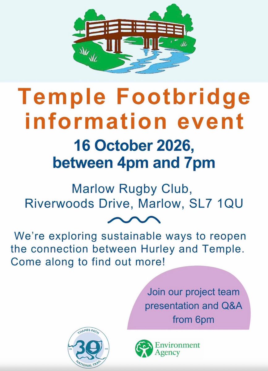 MyMarlowUK's tweet photo. Reminder of the Temple Bridge info event tomorrow (Fri 16th)  4pm to 7pm at Marlow Rugby Club. Find out about the latest developments, and options being considered. Members of the project team will be available throughout the event, with a Q&A session at 6pm. @EnvAgency @ThamesPathNT