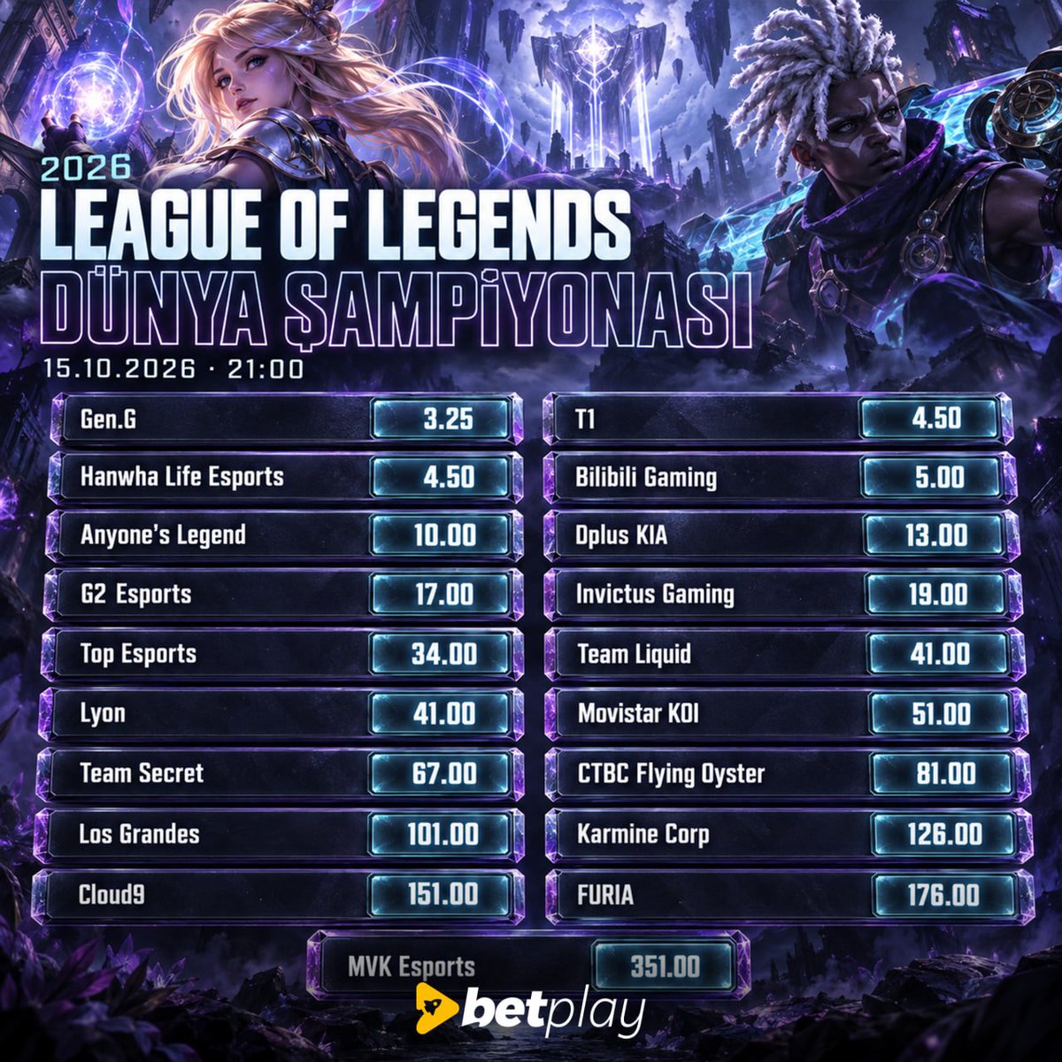 playguncelx's tweet photo. 🎮 Oyun sende, kazanç #Betplay’de!

🃏E-spor'da Hem Eğlen Hem Kazan!

🔥 League Of Legends Dünya Şampiyonasında Tarafını Seç!🔥

 GÜNCEL GİRİŞ : https://t.co/xAkyj7gdKC https://t.co/cl2sKzWdjD