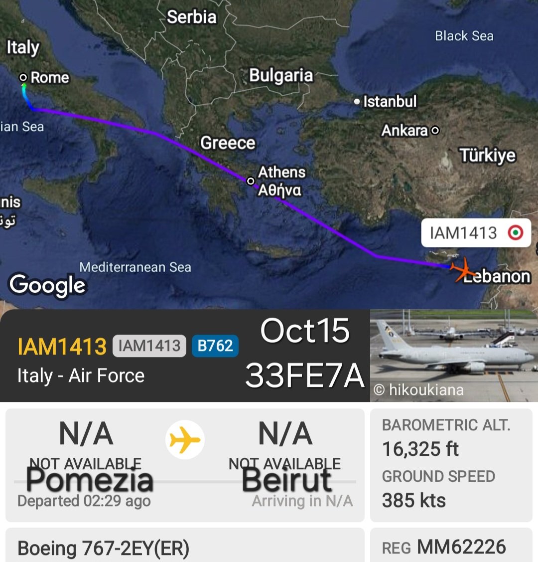 LebanonJets's tweet photo. 35th #Italy AirForce KC767 of the year #MM62226 #33FE7A from Pomezia arriving into a dusty-windy Beirut & onwards to Nis, Serbia as #IAM1413 Usual #UNIFIL troop rotation for 732 Italians & 169 Serbians https://t.co/jgYPwUhpSg