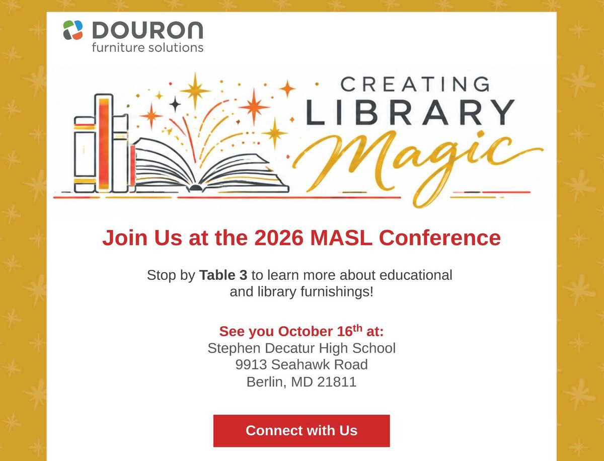 MASLMD's tweet photo. Visit our sponsor, Douron Furniture Solutions, at the 2026 MASL Conference on October 16, 2026.  https://t.co/K19eo2EKgK https://t.co/n3CL6wv98A