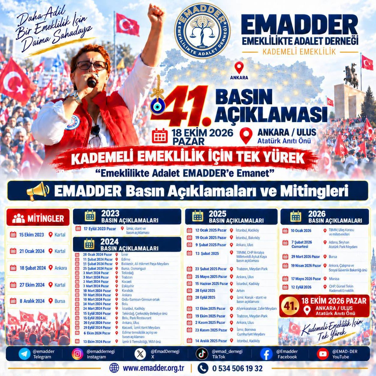 EmadDernegi's tweet photo. 🔴 EMADDER’İN SESİ 18 EKİM’DE ANKARA’DA YÜKSELECEK!

Emeklilikte adalet ve hakkaniyet için mücadelemizi kararlılıkla sürdürüyoruz.

📅 18 Ekim 2026 Pazar
⏰ 14.00
📍 Ankara – Ulus Atatürk Anıtı Önü

Sesimizi duymayanlara milyonların sesini duyurmak, haklı talebimizi meydanlardan haykırmak için Ankara’da buluşuyoruz!

Kademe senin elinde, birlikte güçlüyüz!

Emeklilikte Adalet Derneği

@EmadDernegi
#KademeliEmeklilik 
#KademeHakkımız

@trthaber @atvcomtr @startv @KanalD @ShowTV @beyaztv @nowhaber @kanal7 @ntv @cnnturk @tgrthabertv @HaberturkTV @ahaber @halktvcomtr @szctelevizyonu @tele3haber @tv100 @HaberGlobal @ulketv @KRTCANLI @BloombergHT @ulusalkanal @tvnet @tvmeltem @kozatv01 @akittv @tv5televizyonu @astvhaber @KANALFIRAT @Kanal23HD @tytturk @mkhabertv @bbcturkce