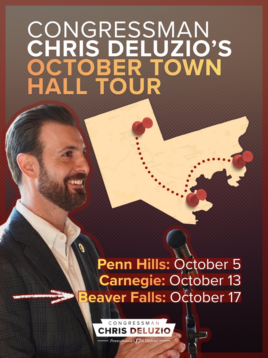RepDeluzio's tweet photo. It's been great to be everywhere this month hearing from folks all across Western PA. 

My October Town Hall Tour wraps up this Saturday in Beaver Falls. RSVP here: https://t.co/OX9TEe2kSj https://t.co/5bURZJVUms