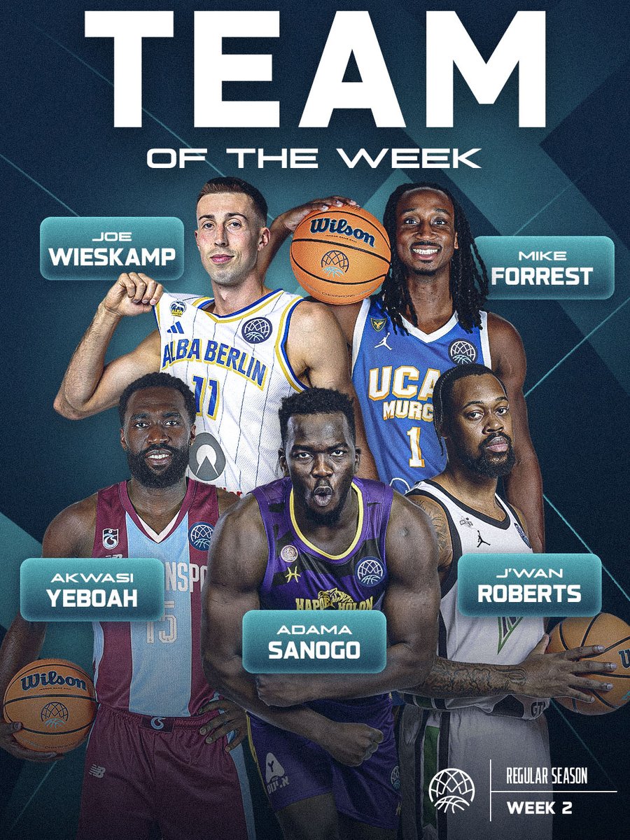 BasketballCL's tweet photo. Presenting: Your #BasketballCL Team of the Week! Who^s your pick for Player of Week 2? 🗳️

🇪🇸 Mike Forrest | UCAM Murcia
🇩🇪 Joe Wieskamp | ALBA Berlin
🇹🇷 Akwasi Yeboah | Trabzonspor 
🇮🇱 Adama Sanogo | Hapoel Maoz Daniel Holon
🇫🇷 J'Wan Roberts | Nanterre 92 https://t.co/UUfBNaDiWG